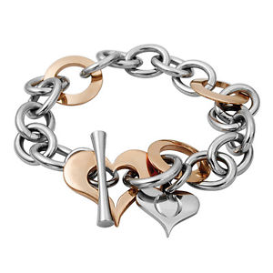 【送料無料】ブレスレット　アクセサリ―　レディースステンレススチールバーファスナーカラーハートブレスレットbr1063 ladies stainless steel 2 colour heart bracelet with tbar fastener
