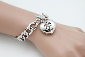 【送料無料】ブレスレット　アクセサリ―　チェーンブレスレットcute women silver metal chain bracelet jewelry faith hope love bless heart charm
