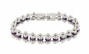 【送料無料】ブレスレット　アクセサリ―　ステンレススチールシルバーアメジストバイクチェーンブレスレットwomens stainless steel silver amethyst february birth stone bike chain bracelet