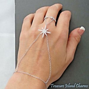 【送料無料】ブレスレット　アクセサリ―　ソリッドスターリングシルバースレーブブレスレットリングサイズstar with cz 925 solid sterling silver slave panja bracelet ring size 6, 7, 8