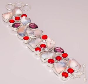 【送料無料】ブレスレット　アクセサリ―　オパールガーネットブレスレットnatural dendrite opal garnet quartz jewelry 925 sterling silver plated bracelet