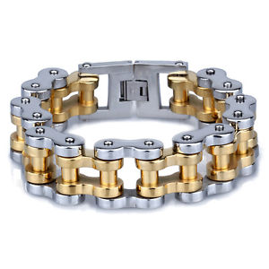【送料無料】ブレスレット　アクセサリ―　ゴールドシルバーオートバイチェーンメンズブレスレットステンレススチールgold silver motorcycle chain large heavy mens bracelet stainless steel jewelry