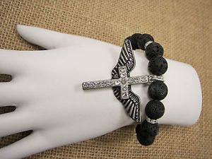 【送料無料】ブレスレット　アクセサリ―　ビーズシルバートーンクリスタルウイングクロスブレスレット