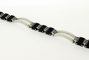 【送料無料】ブレスレット　アクセサリ&mdash;　ステンレススチールパネルブレスレットスチールシリコン2 panel bracelet in stainless steel with steel and silicone interlinks b33｜hokushin