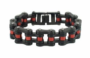 【送料無料】ブレスレット　アクセサリ&mdash;　メンズステンレススチールダブルリンクブラックレッドバイクチェーンブレスレットアメリカ｜hokushin