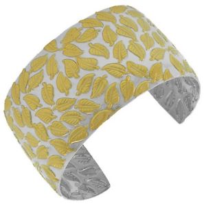 【送料無料】ブレスレット　アクセサリ―　ステンレススチールシルバーイエローゴールドリーフオープンカフブレスレットstainless steel silver yellow gold leaf open end womens cuff bracelet