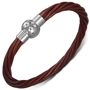【送料無料】ブレスレット　アクセサリ―　ブレスレットダークブラウンスチールman bracelet dark brown leather braided magnetic closure and steel zb0156