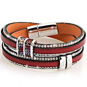 【送料無料】ブレスレット　アクセサリ―　ブレスレットラップラインストーンダブルツアークラスプbracelet wrap slake rhinestone double tour magnetic clasp red leather 14,425円