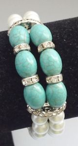 【送料無料】ブレスレット　アクセサリ―　レトロブレスレットアールデコターコイズビーズretro bracelet 2 rows shiny white pearls deco turquoise bead 93