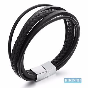 【送料無料】ブレスレット　アクセサリ&mdash;　ステンレススチールレザーストラップメンズレザーストラップコンパートメントstainless steel leather strap mens men leather strap 5 compartment magnetic closure｜hokushin