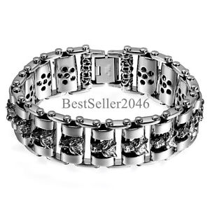 ブレスレット アクセサリ― ウルフヘッドオートバイリンクチェーンステンレスブレスレットmen heavy wide wolf head biker motorcycle link chain stainless steel bracelet