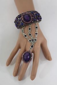 【送料無料】ブレスレット　アクセサリ&mdash;　フラワーブレスレットチェーンスレーブリングパープルラベンダーwomen silver metal flower bracelet chain slave ring purple lavender rhinestones｜hokushin