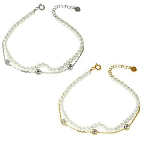 【送料無料】ブレスレット　アクセサリ―　スターリングシルバーパールチェーンブレスレットsterling silver pearl amp; chain with cz stones double strand bracelet