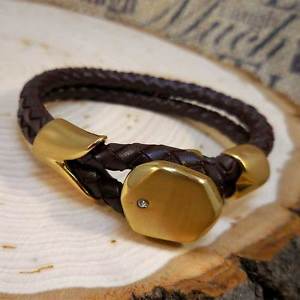 【送料無料】ブレスレット　アクセサリ―　レザーステンレススチールブレスレットgold braided leather stainless steel 8″ bracelet with cz crystal