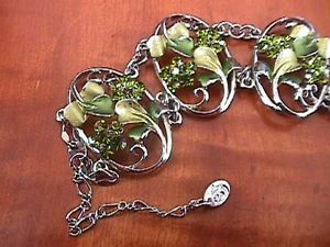 【送料無料】ブレスレット　アクセサリ―　フラワーエナメルシルバープレートリンクブレスレットgreen rhinestones flower enamel silver plate link bracelet 22,052円