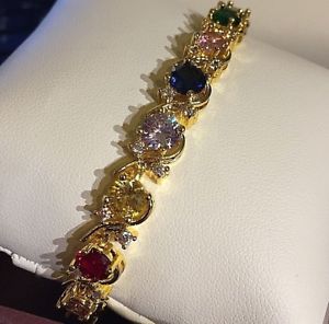 【送料無料】ブレスレット　アクセサリ―　ゴールドブレスレットマルチカラーサファイアスワロフスキーエレメントgb 18ct gold 7 bracelet multi colour sapphire swarovski elements boxed plum uk
