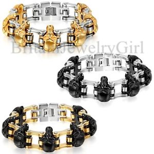 【送料無料】ブレスレット　アクセサリ―　ゴシックスカルモーターバイカーチェーンステンレススチールブレスレット91 heavy gothic skull men motor biker chain stainless steel bracelet 16mm wide