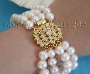 【送料無料】ブレスレット　アクセサリ―　ホワイトラウンドパールブレスレットジルコンクラスプ4rows genuine natural 9mm white round pearl bracelet zircon clasp f1165
