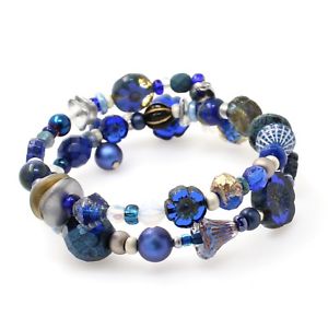 【送料無料】ブレスレット　アクセサリ―　チェコガラスフラワービーズダブルブレスレットラップartisan czech glass flower bead double wrap bracelet sea navy blue amp; silver bnwt