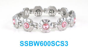 【送料無料】ブレスレット　アクセサリ―　ステンレススチールリンクブレスレットピンクpink crystals on silver flowers women magnetic stainless steel link bracelet