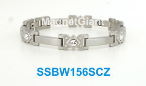 【送料無料】ブレスレット　アクセサリ―　czステンレスリンクsilver women high power magnetic stainless steel link bracelet with cz