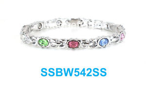 【貨物輸送無料】腕輪 付属品― シルバーステンレススチールリンクブレスレットマルチカラーmulti colors crystals on a silver women magnetic stainless steel link bracelet