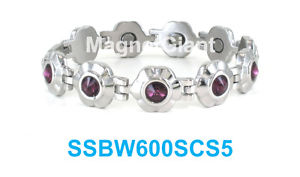 【貨物輸送無料】腕輪 付属品― ステンレススチールリンクブレスレットpurple crystals on silver flowers women magnetic stainless steel link bracelet
