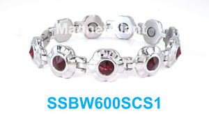 【貨物輸送無料】腕輪 付属品― ステンレス鋼ルビーdark ruby red crystals on silver flowers women magnetic stainless steel bracelet