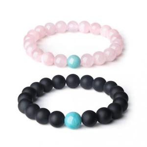 【送料無料】ブレスレット　アクセサリ―　ビーズマットオニキスローズクオーツcoai gemstone beaded matte onyx and rose quartz his hers relationship