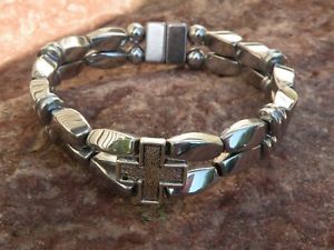 【送料無料】ブレスレット アクセサリ― ヘマタイトブレスレットクロススライダーmens womens holy silver magnetic hematite bracelet anklet 2 row cross slider aaa