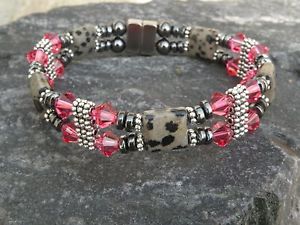 【送料無料】ブレスレット　アクセサリ―　ブレスレットジャスパーローズスワロフスキークリスタルwomens magnetic bracelet anklet dalmation jasper w rose swarovski crystal 2 row