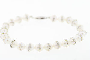 【貨物輸送無料】腕輪 付属品― スターリングシルバーパールブレスレットマクラメクリスタルアクセントsterling silver 65粍 white oblong pearl bracelet w macrame crystal accents