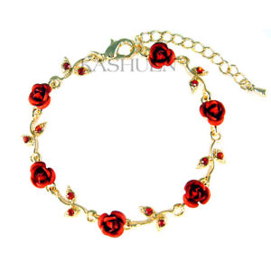 【貨物輸送無料】腕輪 付属品― スワロフスキークリスタルブレスレットバラred rose flower made with swarovski crystal floral bridal wedding gold bracelet