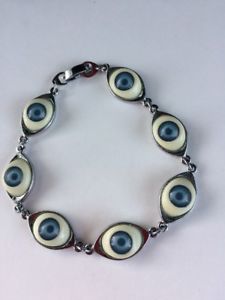 【送料無料】ブレスレット　アクセサリ―　リアルガラスチェーンリンクブレスレットシルバートーンメタルevil eye realistic glass blue doll eyes chain link bracelet silvertone metal