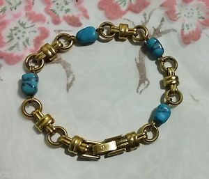 【送料無料】ブレスレット　アクセサリ―　ヴィンテージジュエルブレスレットターコイズイエローゴールドプレートｍvintage jewel bracelet signed cl turquoise stone yellow gold plate150m