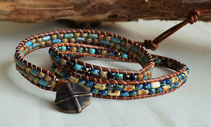 【送料無料】ブレスレット　アクセサリ―　ピカソビーズレザーブレスレットブラウンレザーハンドメイドearthy picasso beaded three 3xwrap leather bracelet brown leather handmade yevga