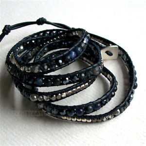 【送料無料】ブレスレット　アクセサリ―　チェコクリスタルビーズインセットネイビーレザーブレスレットnakamol 5 wrap up czech crystal, agate, metal beads inset navy leather bracelet