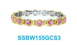 【送料無料】ブレスレット　アクセサリ―　ピンクテニスステンレススチールリンクブレスレットゴールドpink crystals women tennis magnetic 316l stainless steel link gold bracelet