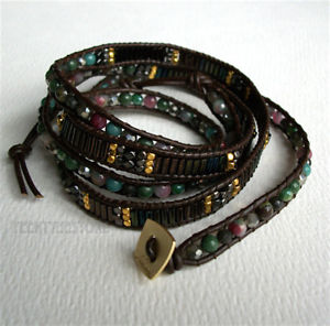 【送料無料】ブレスレット　アクセサリ&mdash;　ビーズインセットブレスレットnakamol 5 wrap up mixed crystal, agate, metal beads inset leather boho bracelet｜hokushin