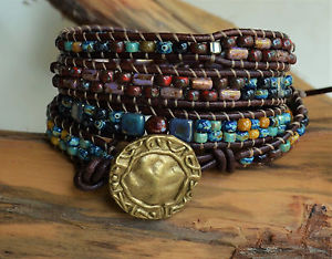 【貨物輸送無料】腕輪 付属品― ビーズレザーブレスレットボヘミアンピカソハンドメイドbeaded leather four wrap bracelet bohemian multicolor picasso handmade yevga