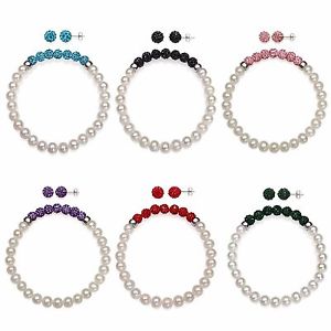 【貨物輸送無料】腕輪 付属品― パールクリスタルビーズストレッチブレスレットスタッドイヤリングセットgenuine freshwater pearl and crystal bead stretch bracelet and stud earring set
