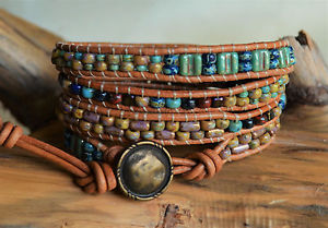 【貨物輸送無料】腕輪 付属品― ピカソビーズレザーラップブレスレットロングハンドメイドrustic picasso beaded leather wrap bracelet 28252925 long handmade yevga
