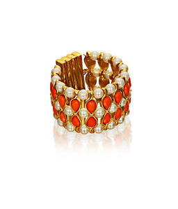 【貨物輸送無料】腕輪 付属品― コーラルオレンジパールゴールドブレスレットカフanna dello russo at hamp;m coral orange, pearl gold bracelet,cuff, chunky adr