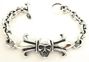 【貨物輸送無料】腕輪 付属品― スカルチェーンリンクシルバーブレスレットバイカーskull fleur de lis chain link silver biker bracelet 7
