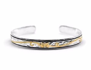 【貨物輸送無料】腕輪 付属品― スターリングシルバーハワイアンプルメリアゴールドカフ925 sterling silver hawaiian 8粍 bracelete plumeria gold engraved cuff doublelin