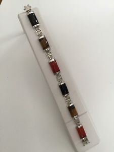 【貨物輸送無料】腕輪 付属品― スターリングシルバーアジアオニキスサンゴリンクブレスレットsterling silver asian 925 tigers eye onyx coral link bracelet