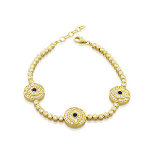 【貨物輸送無料】腕輪 付属品― スターリングシルバーイエローゴールドトーンブレスレットsterling silver yellow gold tone white blue crystals cz evil eye bracelet