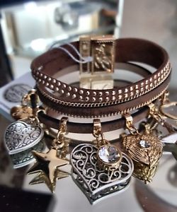 【送料無料】ブレスレット　アクセサリ―　ビビブラウンレザーストランドブレスレットスワロフスキークリスタルbibi bijoux brown leather 3 strand charm bracelet with swarovski crystals bnwt