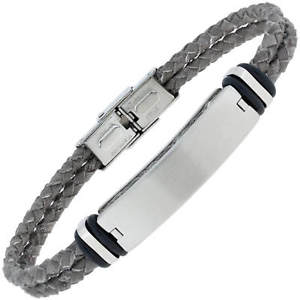 【送料無料】ブレスレット　アクセサリ―　ブレスレットグレープレートステンレスleather bracelet grey with engraving plate 2reihig braided,stainless steel,19cm