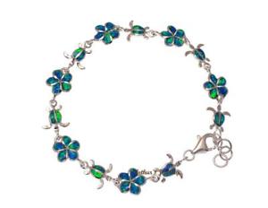 【送料無料】ブレスレット　アクセサリ&mdash;　オパールシルバーハワイアンプルメリアウミガメリンクブレスレットinlay opal silver 925 hawaiian plumeria flower honu sea turtle link bracelet 7｜hokushin